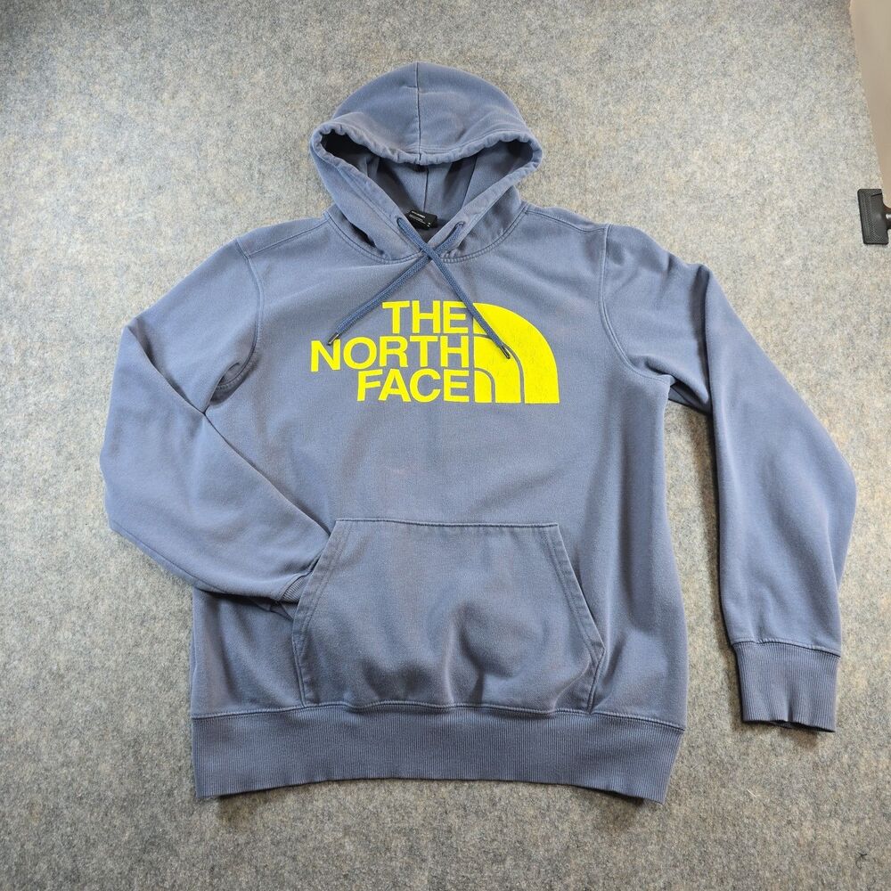 The North Face Men's Hoodie Lime Green Logo Sweatshirt Denim Blue Size M *Flaws*